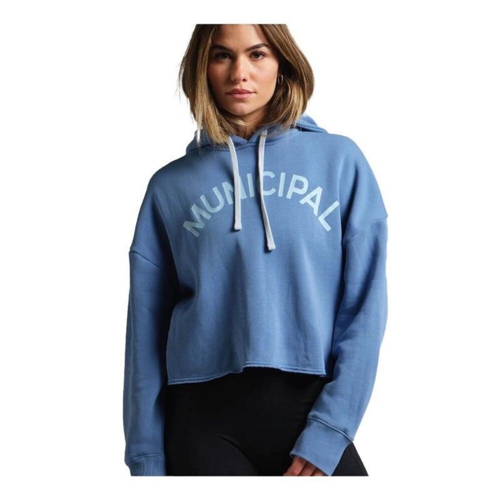 MUNICIPAL Women's Origin Hoodie Size Small Denim Blue Cropped Sweatshirt NWT
